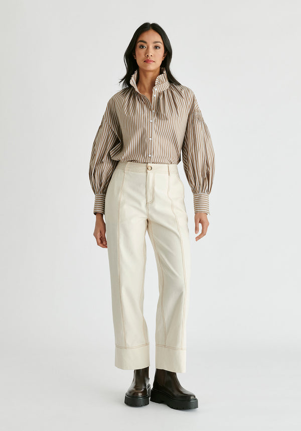 Chino Trousers with Contrast Stitching in Cream Front